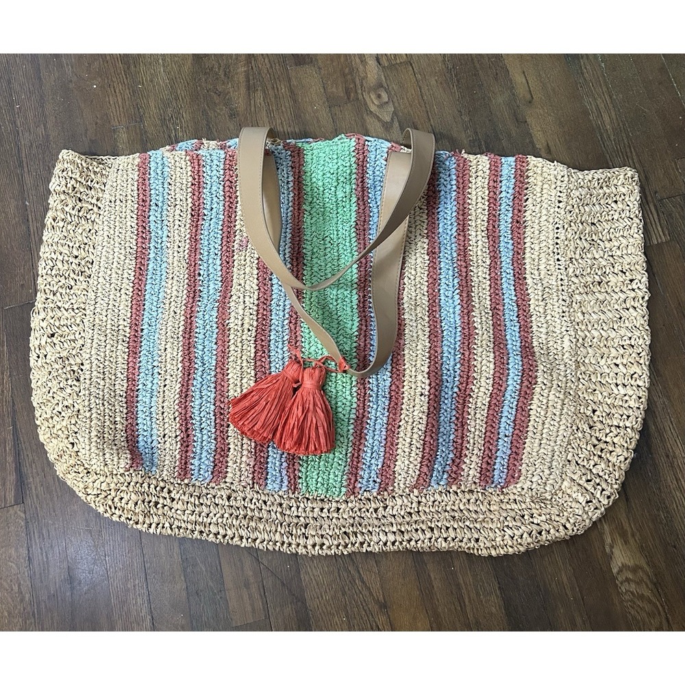 Echo Paper Raffia Large Tote Leather Straps Tassels Foldable Beach Vacation